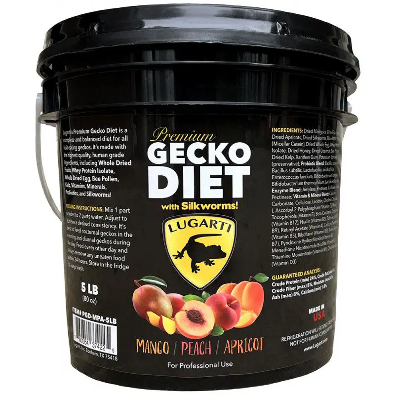 A black bucket of Gecko Diet with peach flavor for reptiles.